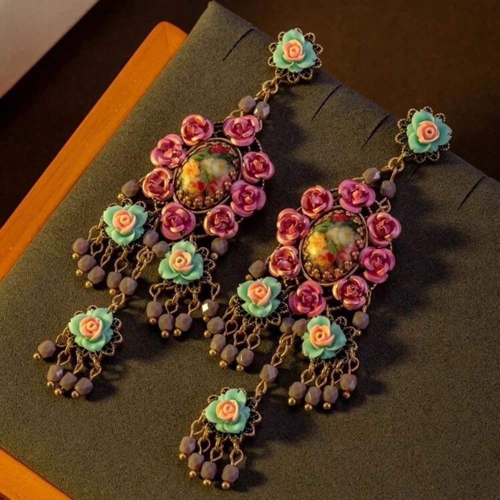 Vintage Style Floral Baroque Earrings Micro Mosaic Style Flower Painting NEW